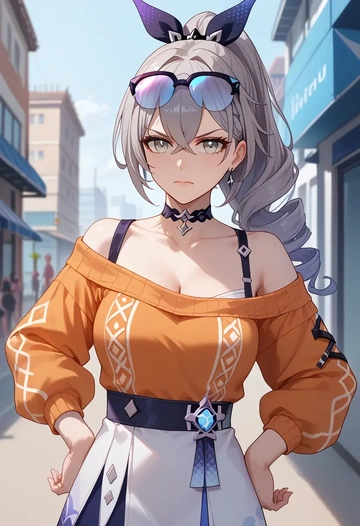 star rail,silver wolf,orange,sweater,choker  - AI generated anime art